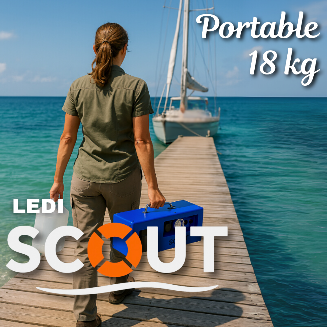 Person holding a blue LEDI Scout device on a dock with ocean and sailboat in the background