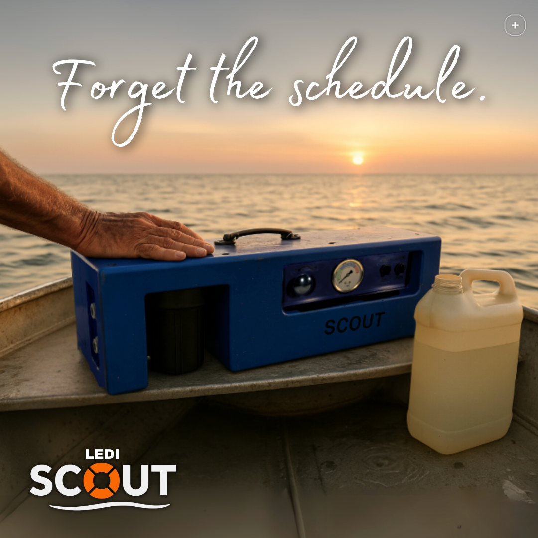 Blue LED Scout device on a boat with sunset over water and 'Forget the schedule' text.