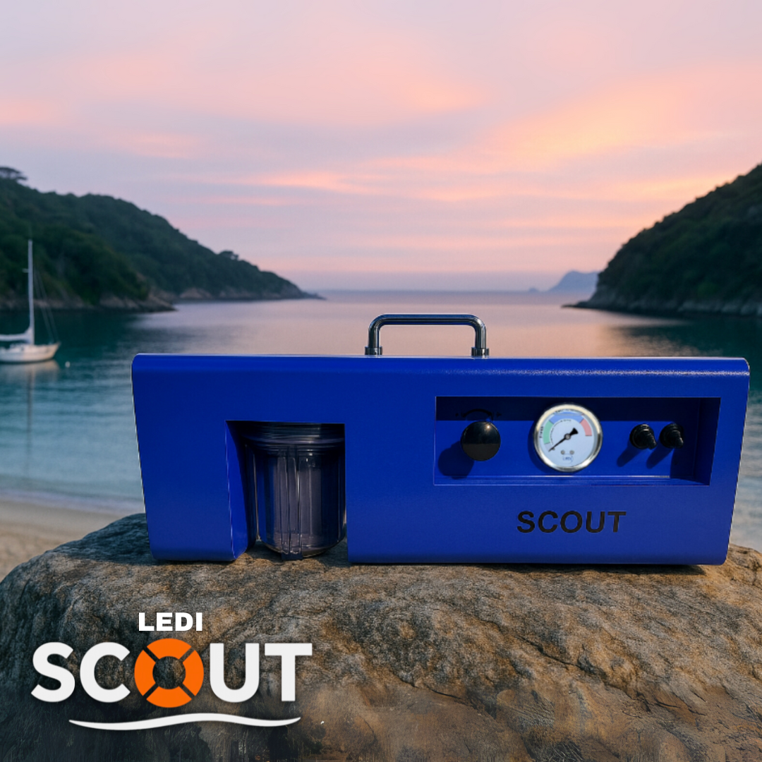 Blue LEDI Scout device on a rock with a scenic background of water and hills.